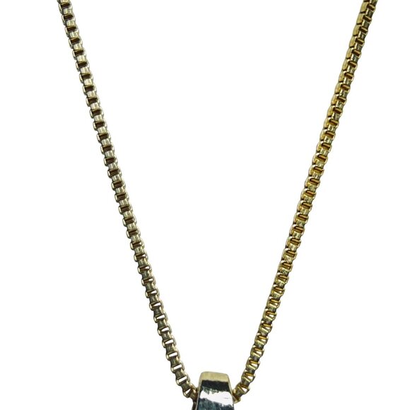 Vintage Gold Tone Box Chain Necklace With Clear Rhinestone Pave Pendant (5682) - Picture 7 of 7